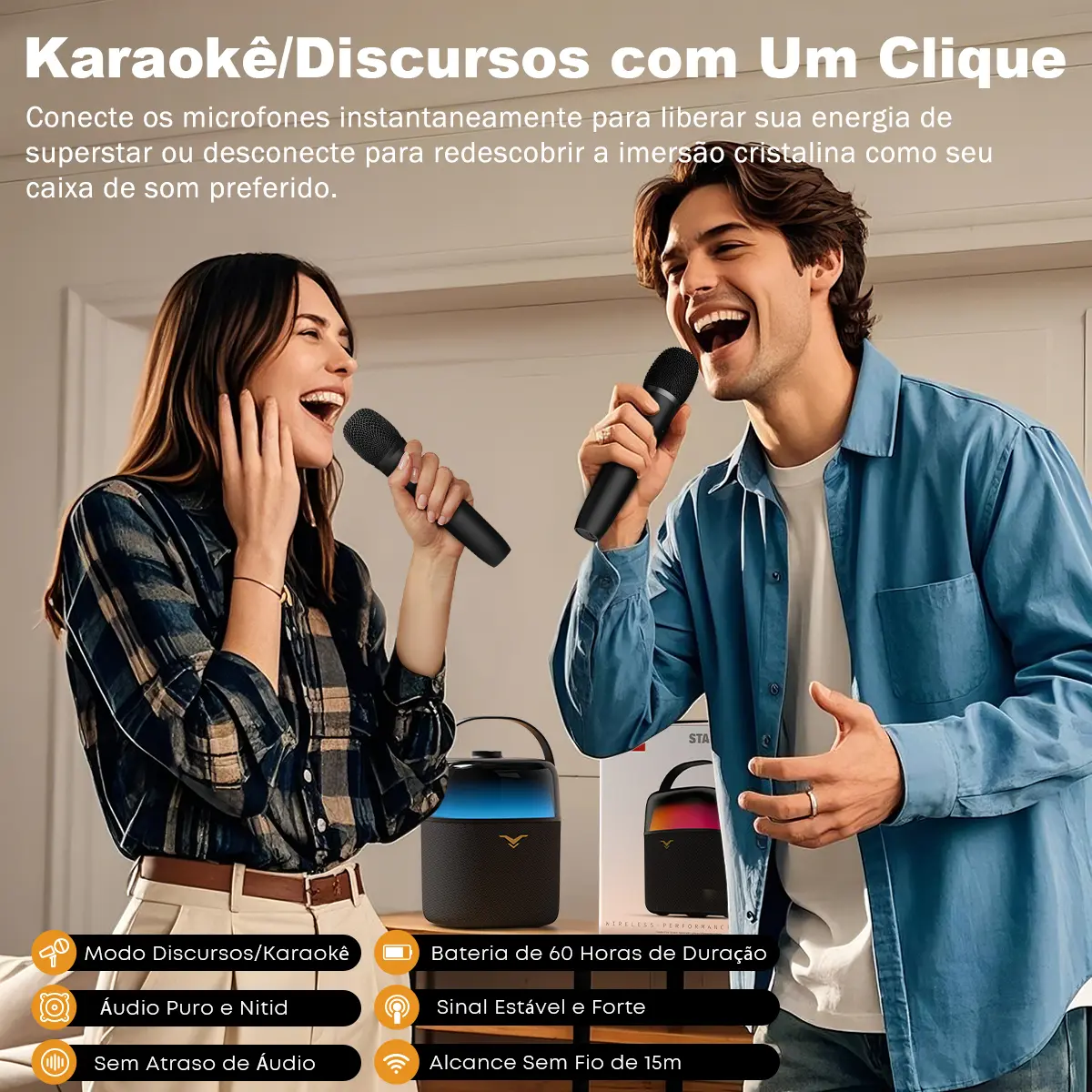 Caixa De Som Bluetooth c/ 2 Microfones